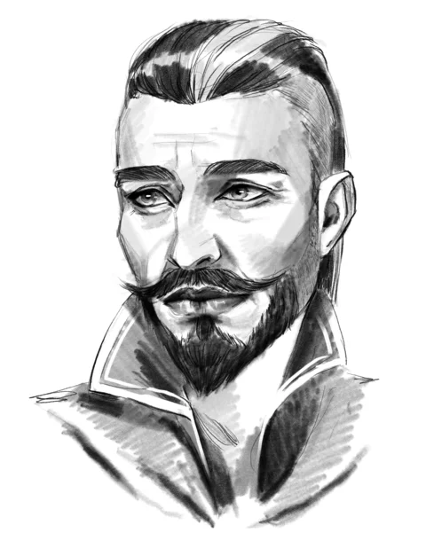 A black-and-white sketch of Dorian, facing forward and looking left