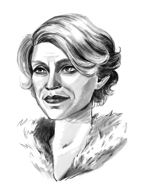 A black-and-white sketch of Maevaris looking forward and to the left; her hair curls at the ends