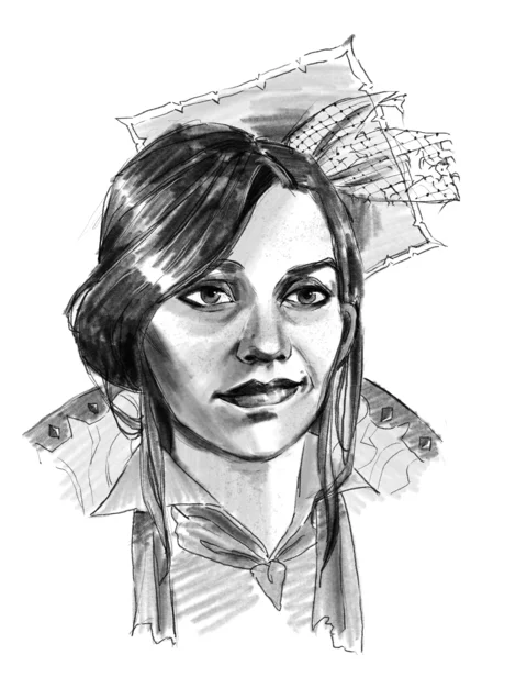 A black-and-white sketch of Neve, facing forward with her collar partly undone and her hat askew