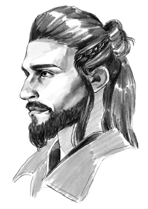 A black-and-white sketch of Tarquin, facing left and trying not to smile