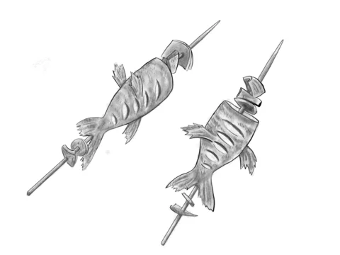A greyscale sketch of two fish skewers from Halos